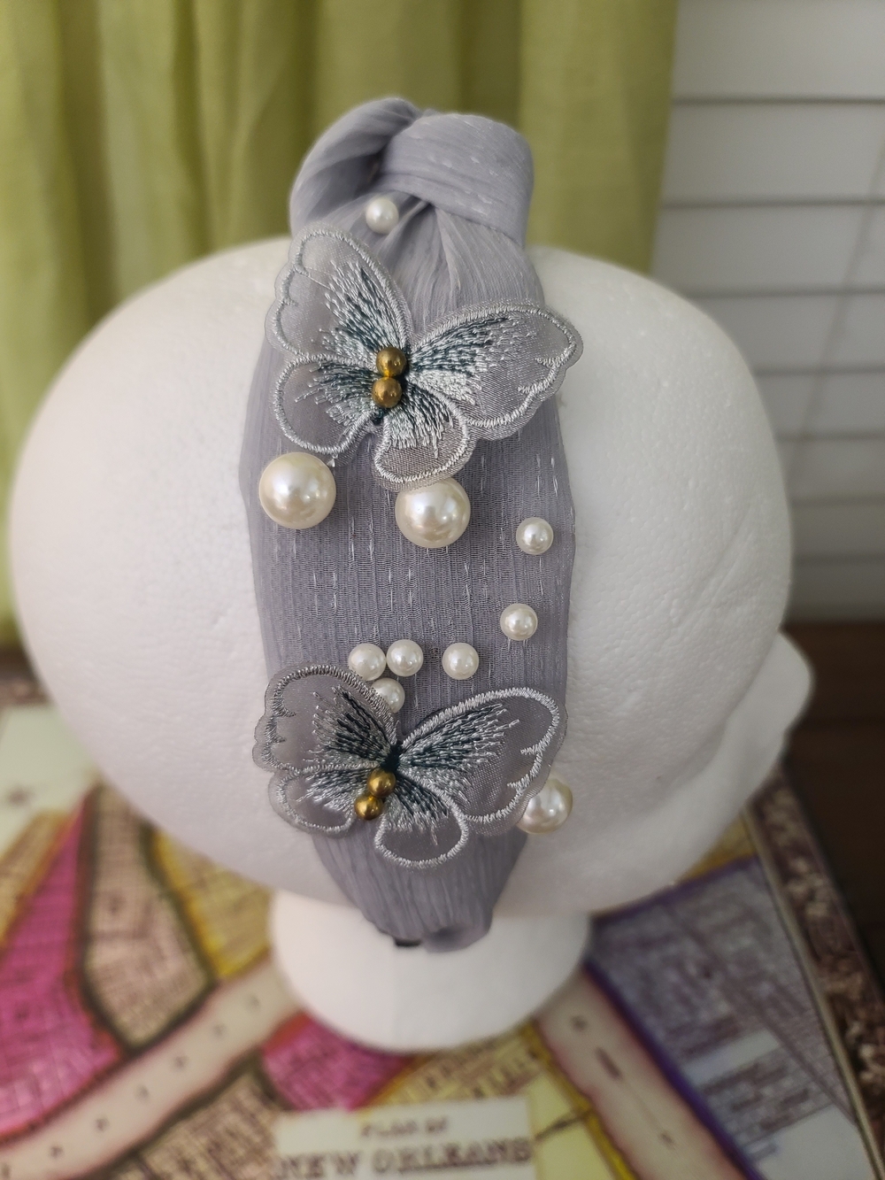 Grey Butterfly & Pearl Embellished Headband